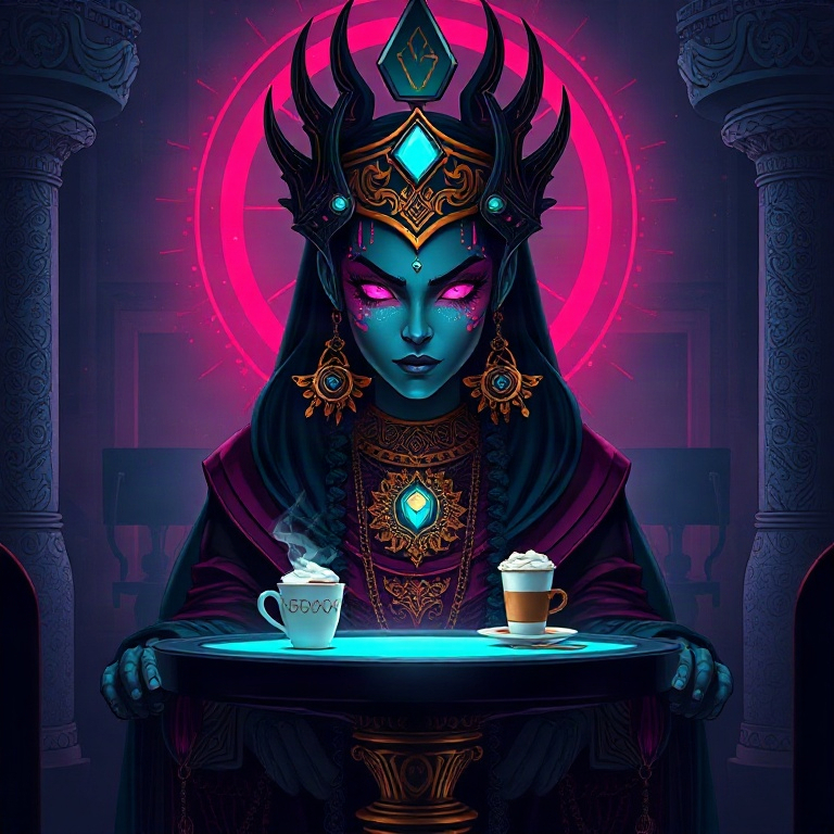 Ereshkigal · holographic table covered in snacks