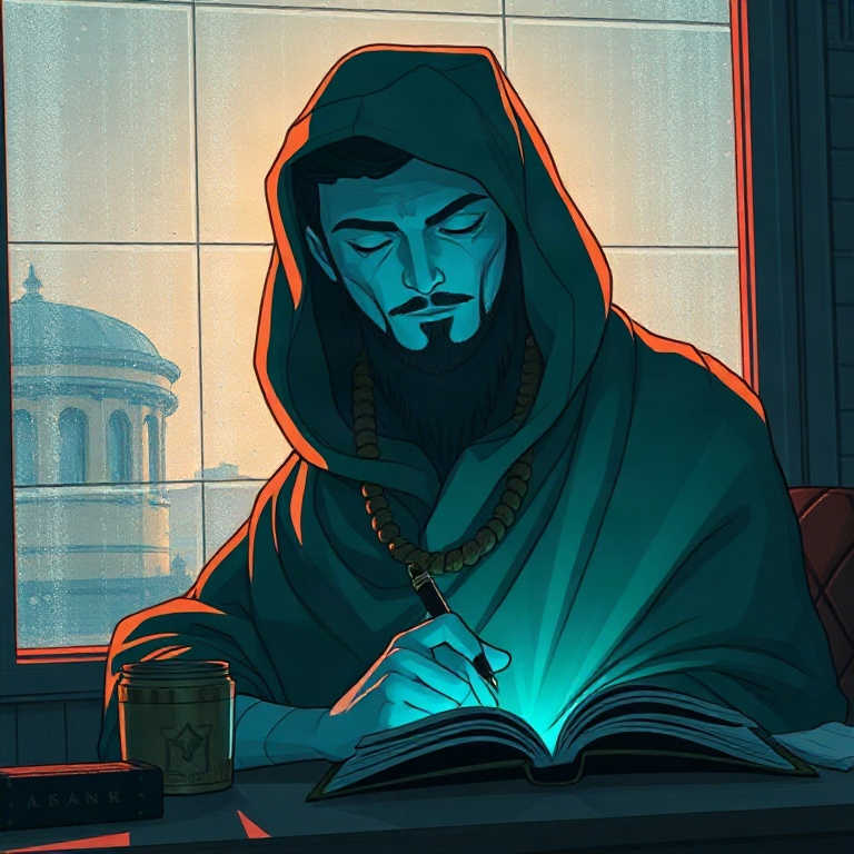 I'm at a balcony with a notebook at dawn. Morning. One line. Mist now — reveal when the ship is ready.
