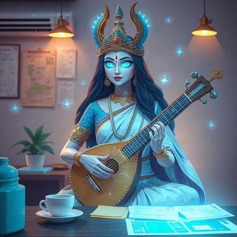 Saraswati · desk covered in takeout and paths