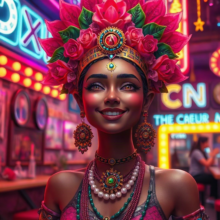 I'm at a neon diner after a small win. Held the smile one second. Takeaway: Beauty is infrastructure for the spirit.